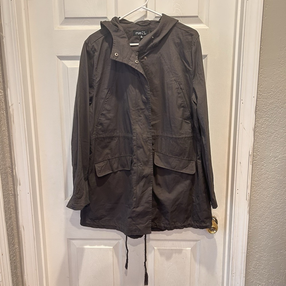 rue21 Womens XL Charcoal Gray Hooded Anorak Utility Jacket Full Zip Fishtail Hem
